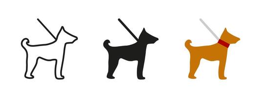 Dog on leash icon. Standing dog with visible leash illustration. Symbol of pet care, walking and responsible ownership. Suitable for signs in parks, pet-friendly zones and veterinary materials. vector