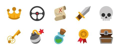 Treasure hunt cartoon icon set. Colorful illustrations of pirate map, crown, sword and chest. Adventure and fantasy themed symbols for games, quests, RPG interfaces and reward-based missions. vector
