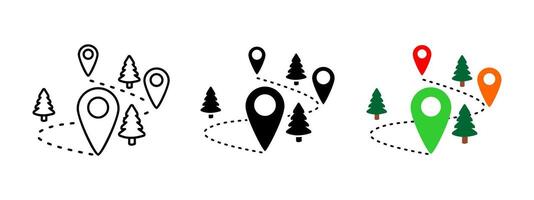 Map location icon. GPS route with colorful location pins and pine trees illustration. Navigation through forest trails symbol. Outdoor travel and hiking path sign. Wilderness tracking pictogram vector
