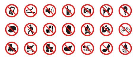 Prohibited actions signs icon set. Universal no symbol illustration. Warning and restriction signs for safety, public rules and security awareness in environments and facilities. Ban signs. vector