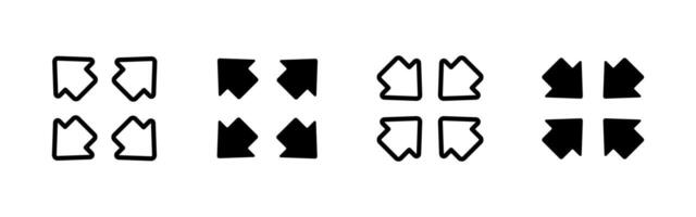 Inward arrows icon. Four arrows pointing toward the center illustration. Compression or collapse symbol for user interface, layout controls or screen minimization actions. vector