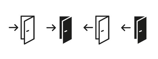 Enter and exit door icon. Open door with directional arrows illustration. Symbol indicating entry or leaving through a doorway. Used in navigation systems, emergency exits and user interface. vector