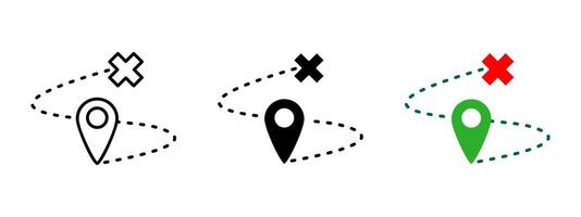 Route destination icon. Location pin connected with end point marked by X illustration. Navigation and travel direction symbol. Journey and route planning sign. Location tracking pictogram. vector
