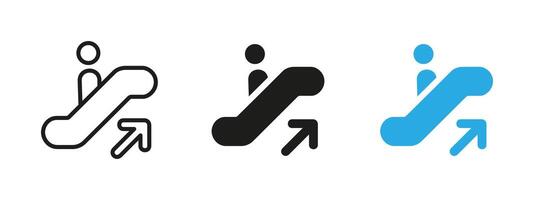 Escalator up icon. Person ascending on moving staircase with upward arrow illustration. Public transport and shopping mall symbol. Navigation element for directions to upper floors or platforms vector