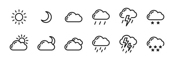 Weather line icon set. Minimal outline symbols for sun, clouds, rain, thunder and snow. Forecast pictograms for UI, climate applications and meteorological infographics. vector