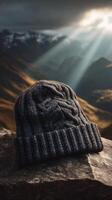 Grey knit beanie on rock with sunrays and mountains, concept of warmth outdoors photo