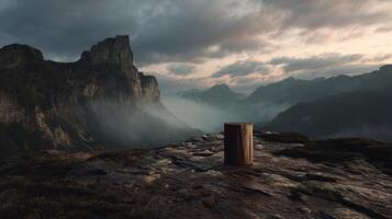 Misty mountain landscape with wood log on rocky cliff during sunset photo