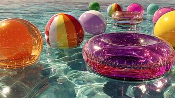 Colorful beach balls and floats on a clear ocean surface, summertime fun concept photo