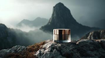Cosmetic jar on rocky outcrop with misty mountain in background, elegant serenity photo