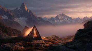 Tent glows warmly at twilight in mountains with misty peaks and rocky terrain photo