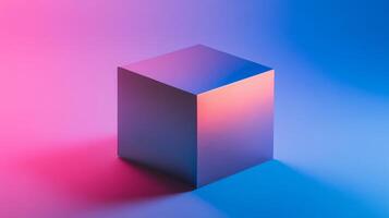 Metallic cube in gradient pink and blue light, modern abstract background photo
