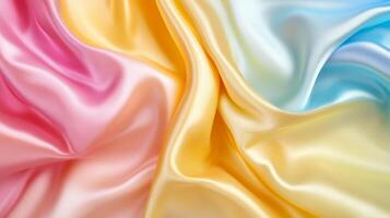Satin fabric texture with pastel pink, yellow, and blue colors, abstract design photo
