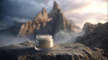 Skin cream jar on rocky surface with dramatic mountain backdrop, product advertisement photo