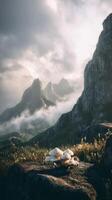 Mushrooms growing on rock with majestic misty mountains in the background photo