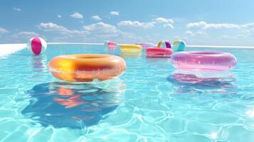Colorful pool floats and beach balls in a clear blue pool under a sunny sky photo