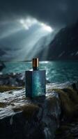 Perfume bottle on rocky landscape near a turquoise lake with dramatic clouds photo