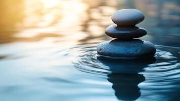 Stack of smooth gray stones balancing gently on rippling water at sunrise photo