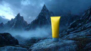 Yellow cream tube on rock with misty mountains in background, surreal landscape photo