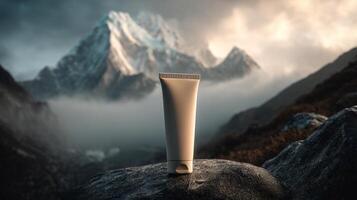 Cosmetic tube on a rocky surface with misty mountains in the background photo