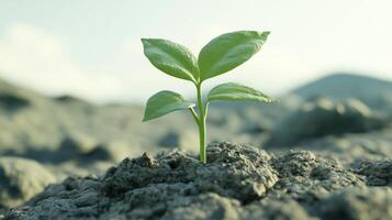 Young green plant sprouting from cracked soil under soft light, symbolizing hope photo