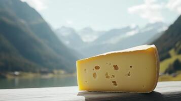 Slice of swiss cheese on a wooden table with mountain view in the background photo