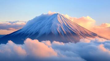 Snow-capped mountain peak surrounded by clouds at sunrise, scenic landscape photography photo