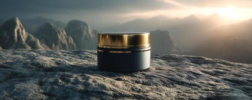 Black and gold cosmetic jar on rocky surface under dramatic sky, product photography photo