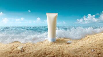 Tube of sunscreen cream on sandy beach with ocean waves under blue sky photo