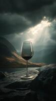 Wine glass with red wine on rocks under dramatic sky with sun rays, digital art photo
