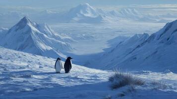 Two penguins on snowy mountain landscape with vast icy valley at dawn photo