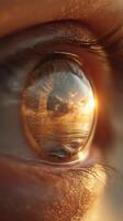 Reflection of a sunset over ocean seen in human eye close-up and surreal imagery photo