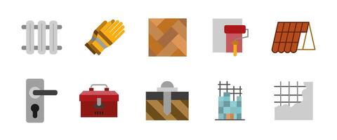 Construction and renovation colored icon set. colorful illustrations of tools, materials and home repair elements. Suitable for interior works, architecture and building maintenance projects. vector