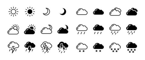 Weather icon set. Line and filled illustrations of sun, rain, clouds, snow and thunder. Meteorological symbols for forecasts, climate apps, UI interfaces and environmental reports. vector