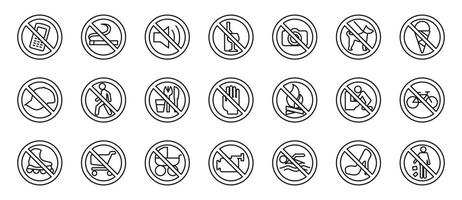 Prohibited actions line circle icon set. Universal no symbol illustration. Warning and restriction signs for safety, public rules and security awareness in various environments and facilities. vector