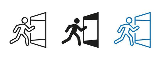 Exit icon. Person running through open door illustration. Emergency escape route symbol used in safety signage. Suitable for evacuation plans, wayfinding systems and alert instructions. vector