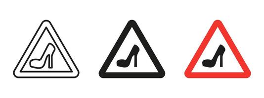Woman driver warning icon. Triangular road sign with high heel symbol indicating humorous or stereotypical caution. Traffic and gender-based alert pictogram used in informal communication. vector