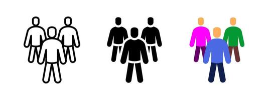 Group of people icon. Three human figures standing together illustration. Community members and team collaboration symbol. Social connection and user group sign. Human network pictogram. vector