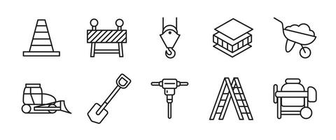 Construction line icon set. Building tools and equipment outline illustration. Site safety, machinery and repair symbols. Industrial elements for architecture and roadwork design projects. vector