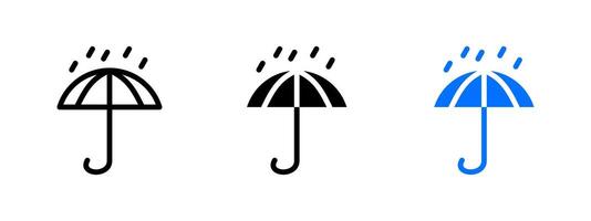 Umbrella icon. Open umbrella with raindrops falling above illustration. Symbol of weather protection and coverage symbol. Used in packaging and forecasts sign. Rain defense pictogram. vector