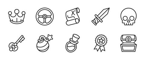 Treasure hunt line icon set. Outline illustrations of pirate map, crown, sword and chest. Adventure and fantasy themed symbols for games, quests, RPG interfaces and reward-based missions. vector