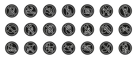 Prohibited actions black circle icon set. Universal no symbol illustration. Warning and restriction signs for safety, public rules and security awareness in various environments and facilities. vector