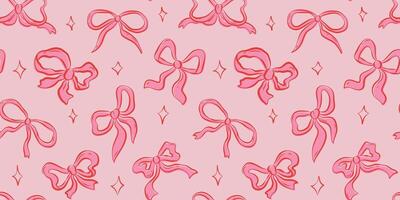 Seamless pattern with whimsical hand drawn red curly bows. Flat illustration. Perfect for festive background, textile, packaging. vector