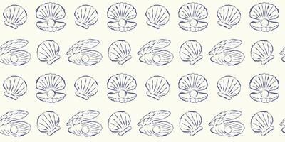 Marine seamless pattern with whimsical hand drawn shells with pearls on the white background. Perfect for backdrop, wallpaper, textile, packaging. vector