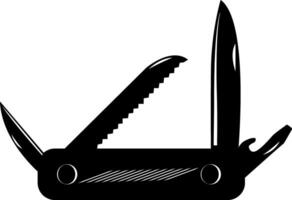 Folding knife. A knife with a blade and a set of various built in tools screwdrivers, bottle openers, which folds into the handle for safe storage and carrying. Multi tool for hiking and camping. vector