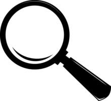 Black magnifying glass icon. The magnifying glass is depicted with a circular lens and a handle extending from the bottom right of the circle. vector