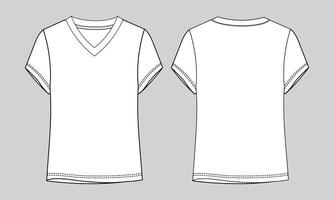 V neck t shirt technical drawing fashion flat sketch template for ladies vector