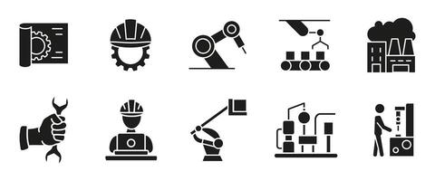 Industry glyph icon set. Factory automation and engineering black illustration. Robots, gears, workers and machines symbols. Industrial production and manufacturing technology concept. vector