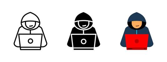 Hacker icon. Person in a hood working on a laptop illustration. Anonymous figure symbol. Concept of digital threat and cybersecurity sign. Network vulnerability pictogram. vector
