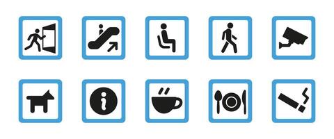 Public facility sign icon set. Direction and service illustration. Navigation symbols for indoor guidance in malls, airports and other public access areas. vector