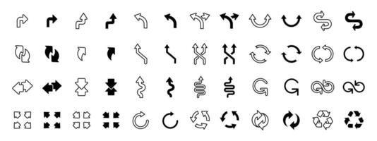 Arrow icon set. Various curved, straight and looped arrows in outline and filled styles. Navigation and movement symbols for UI interfaces, directional signs or process flow visualizations. vector